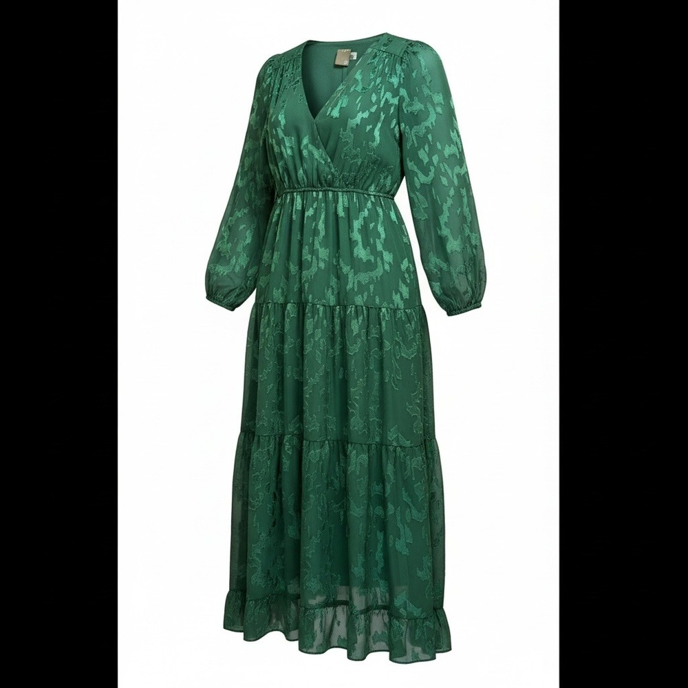 Taylor Green Burnout‎ Chiffon Tiered Maxi Dress Women 4 Emerald Long Sleeve Boho